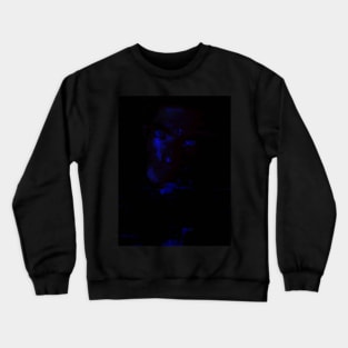 Portrait, digital collage and special processing. Man looking on us from darkness. Eyes. Blue and dark red. Crewneck Sweatshirt